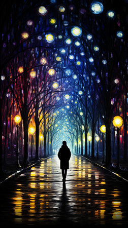 Woman walking n the middle of a street on a foggy winter night (ai generated)の素材