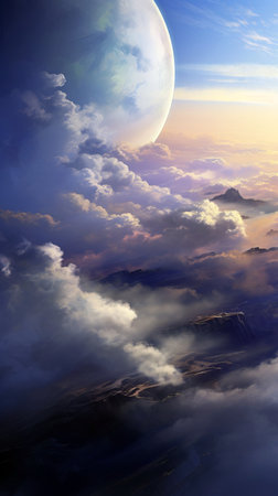 Fantasy landscape with planet and clouds at sunset. (ai generated)の素材