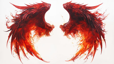 Two red wings of a dragon on a white background. Illustration (ai generated)の素材