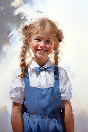 Portrait of a little girl in a blue dress and white blouse (ai generated)の素材