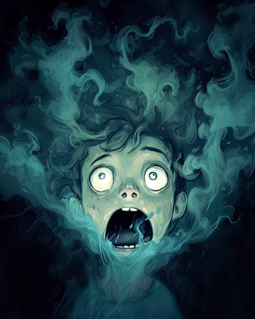 Scared boy in smoke. Digital painting. Illustration. (ai generated)の素材