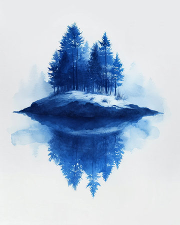 Forest lake with reflection in water. Watercolor hand drawn illustration. (ai generated)の素材