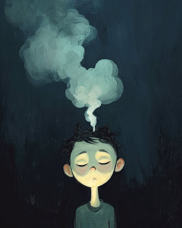 Cute boy with smoke on his face. Children illustration. (ai generated)の素材