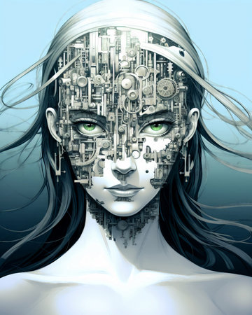 Digital Illustration of a Female Cyborg with Gears and Cogwheels (ai generated)の素材