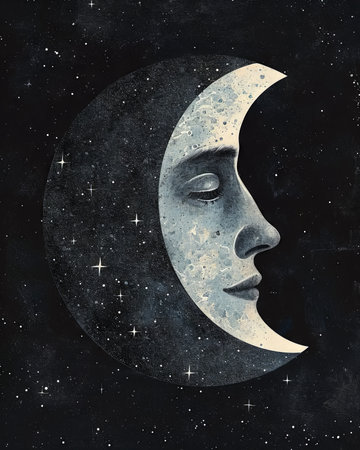 Face of the moon on a dark background. Hand drawn illustration. (ai generated)の素材