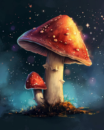 Amanita muscaria, or fly agaric mushroom. Fantasy illustration (ai generated)の素材