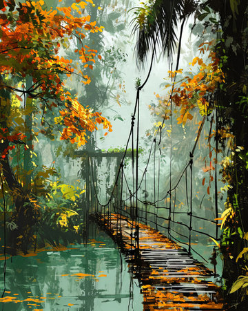 Wooden bridge over the river in the rainforest. Digital painting (ai generated)の素材