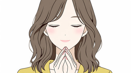 Young woman praying with closed eyes on white background. Vector illustration.の素材