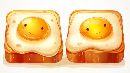 Illustration of a happy toast with fried eggs on a white background. Ai generatedの素材