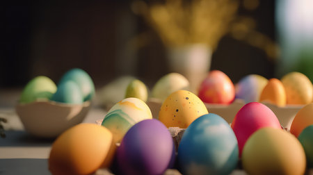 Colorful easter eggs on a wooden table. Selective focus.の素材