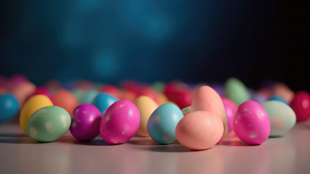 Colorful easter eggs on a dark background with bokehの素材