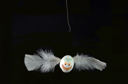 Egg with crash damage, with tho feathers as wings, cut rope above.の写真素材