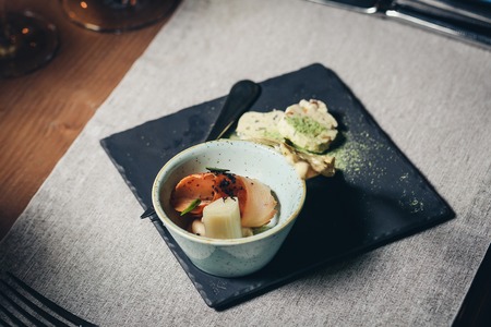 Dainty morsels with white asparagusの写真素材