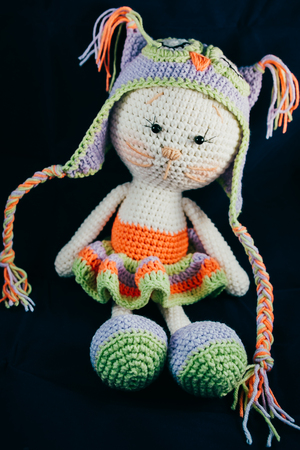 Knitted cat toy with capの写真素材