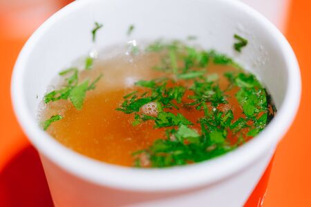 fresh soup in a carton a to-go Cup closeupの写真素材