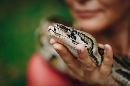 Pretty woman holds big snake, shallow dof, focus on snake head.