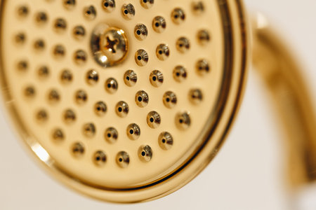 Closeup of a vintage shower head in the bath room.