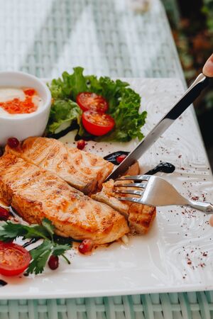 Fork and knife with slice of salmon sous vide with julienne of stewed vegetables and fresh herbs on decorated ceramic dish.の写真素材