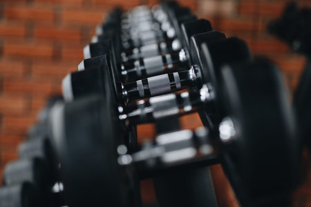 arrow a lot of dumbbells in the gym against the background of a brick wallの写真素材