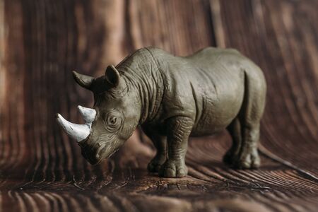 figure of a toy Rhino on a wooden background.の写真素材