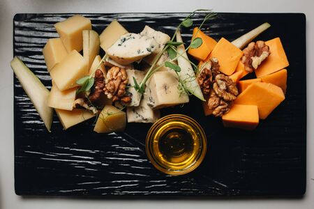 Cheese platter top view. Food.の写真素材