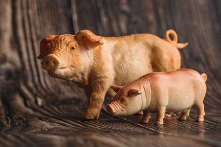 figurine of a toy pig and a small pig on a wooden background.の写真素材