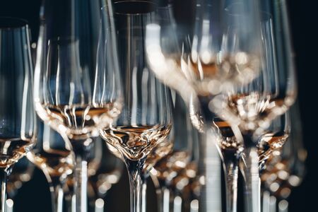 Empty clean champagne glasses on counter in barの写真素材
