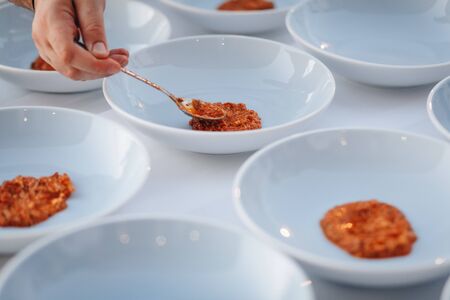 Young chef cook putting tomato sauce on dishes.の写真素材