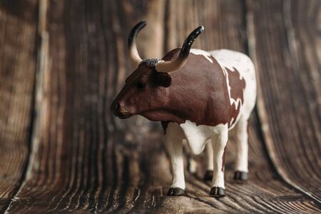 figure of a toy Buffalo on a wooden background.の写真素材