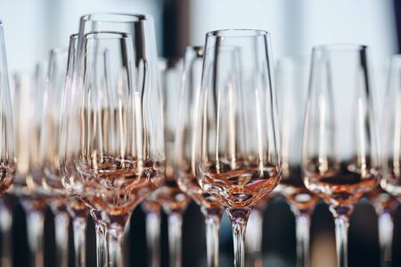 Empty clean champagne glasses on counter in barの写真素材