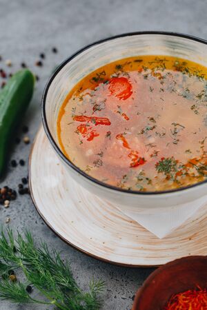 Salmon Soup With Potatoes, Carrots, Dill, Pepper In Bowl, Close Up.の写真素材