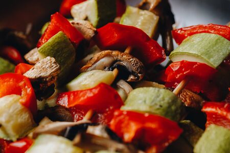 grilled vegetables on wooden skewers. Catering. top View.の写真素材