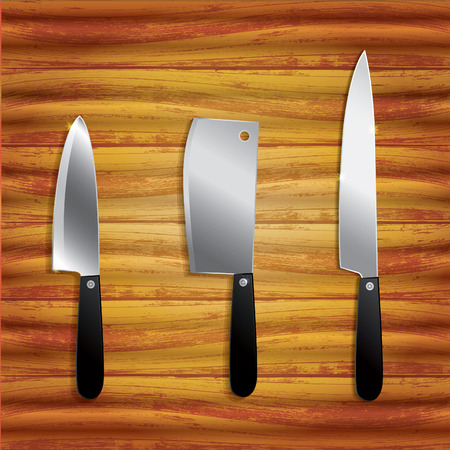 Collection of kitchen knives isolated on wooden background のイラスト素材