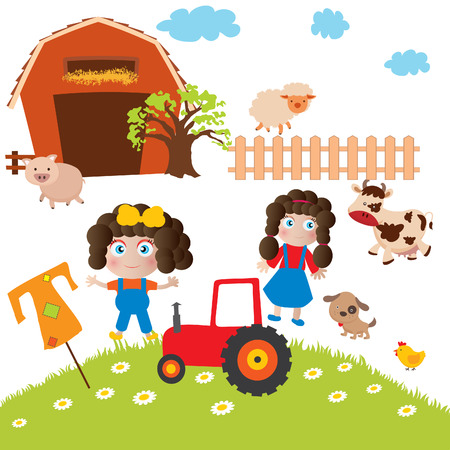 Illustration of the things and animals found at the farm on a white backgroundのイラスト素材