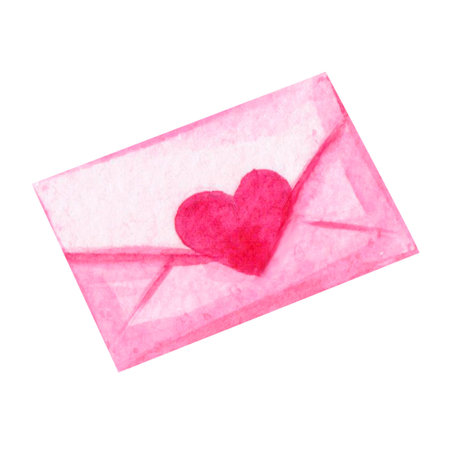 Watercolor hand drawn pink envelope on isolated white background.の写真素材