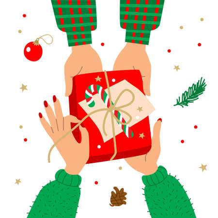 Vector illustration with hands and gift. Wrapping christmas gift box preparing for celebration christmas eve. New year gift. Winter inspiration.のイラスト素材