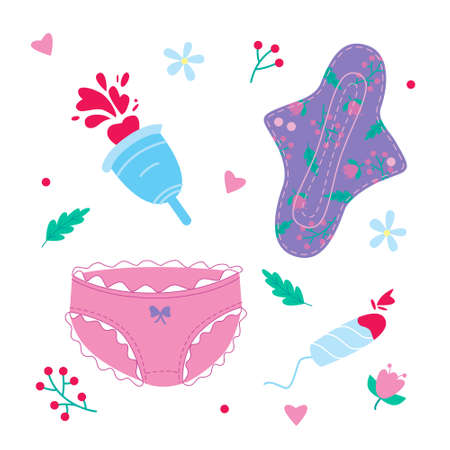 Vector sticker set of menstruation period. Varios female hygiene products.のイラスト素材