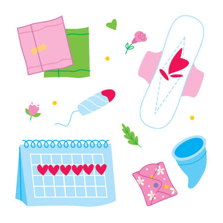 Vector sticker set of menstruation period. Varios female hygiene products.のイラスト素材