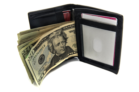 Black leather wallet on a white backgroundの写真素材