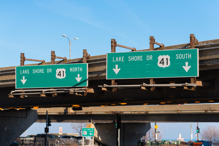 Lake Shore Drive green street sign on a Chicago highwayの写真素材