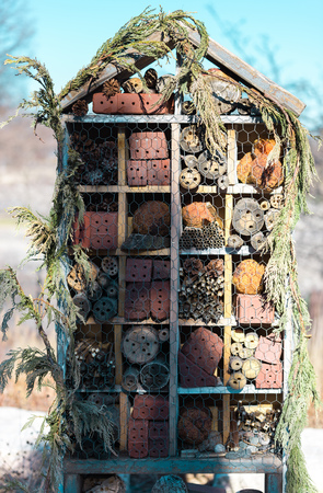 Wood and bricks installation in a parkの写真素材