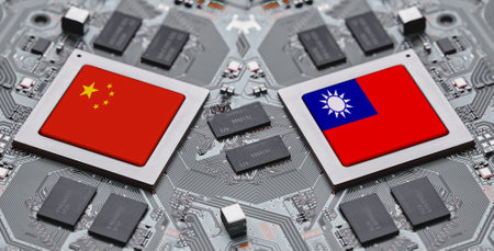 Countries producing the most semiconductor chips in the World. Flags of China, Taiwan, on the microchips, Conflict China Vs Taiwanの写真素材
