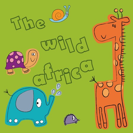 The giraffe, hedgehog, elephant, turtle and a snail on a green background. The inscription のイラスト素材