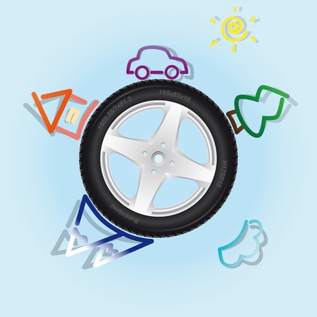The car rides through the woods and mountains to the house on the wheelのイラスト素材