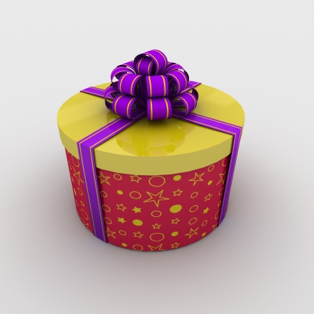 Round gift box tied with a bow on a white background; 3d illustrationの写真素材