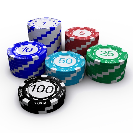 3D Poker chips with numbers on white backgroundの写真素材