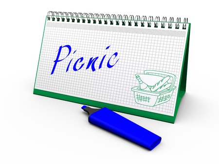 desktop calendar for notes with the words  picnic  and lying next marker  3d renderの写真素材