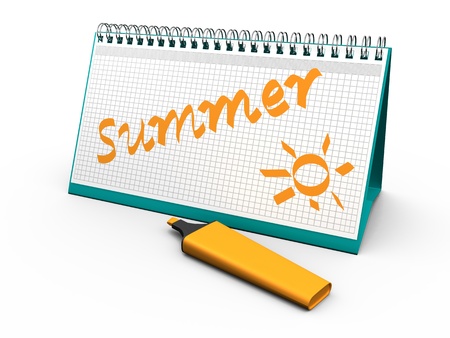 desktop calendar for notes with the words  summer  and lying next markerの写真素材