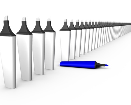 many white markers standing in a row with one blue one  3d render pattern  の写真素材