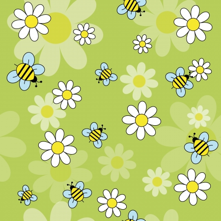 daisy flowers with bees on a green background  vector seamless pattern のイラスト素材